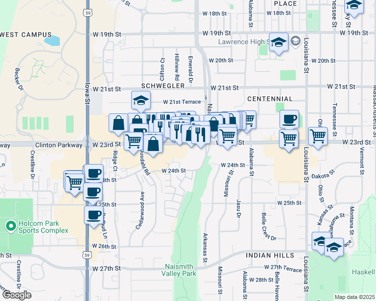 map of restaurants, bars, coffee shops, grocery stores, and more near 1411w West 23rd Street in Lawrence
