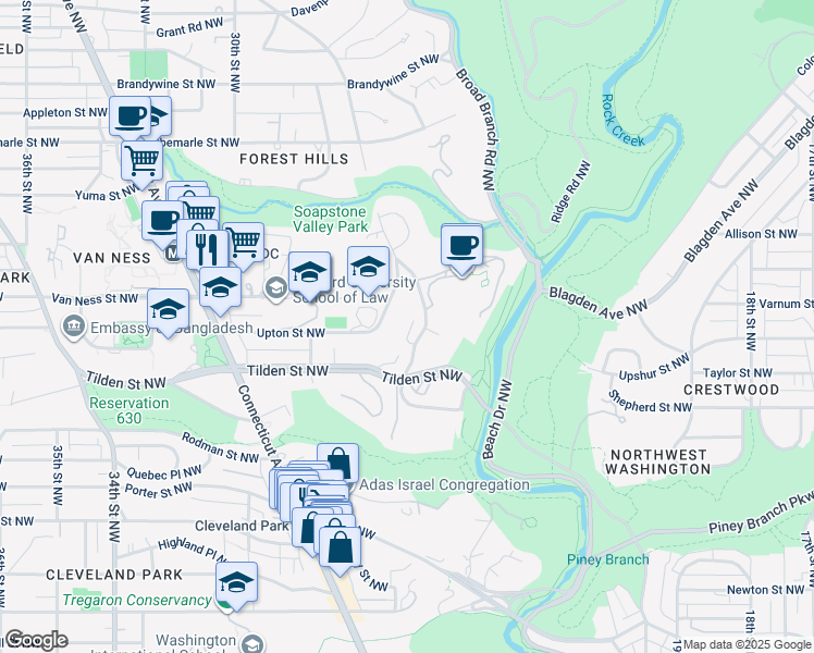 map of restaurants, bars, coffee shops, grocery stores, and more near 4016 Linnean Avenue Northwest in Washington