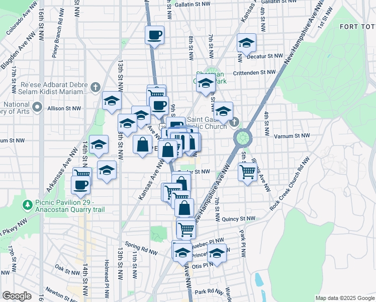 map of restaurants, bars, coffee shops, grocery stores, and more near 811 Upshur Street Northwest in Washington