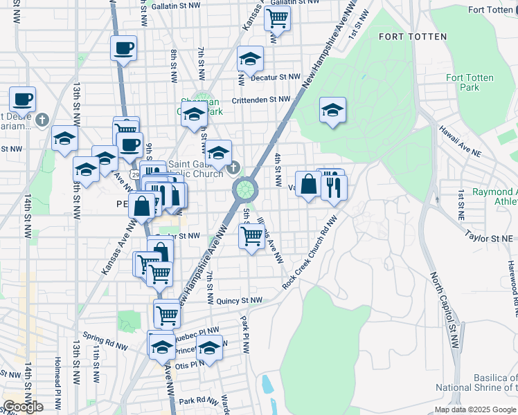 map of restaurants, bars, coffee shops, grocery stores, and more near 4201 Illinois Avenue Northwest in Washington