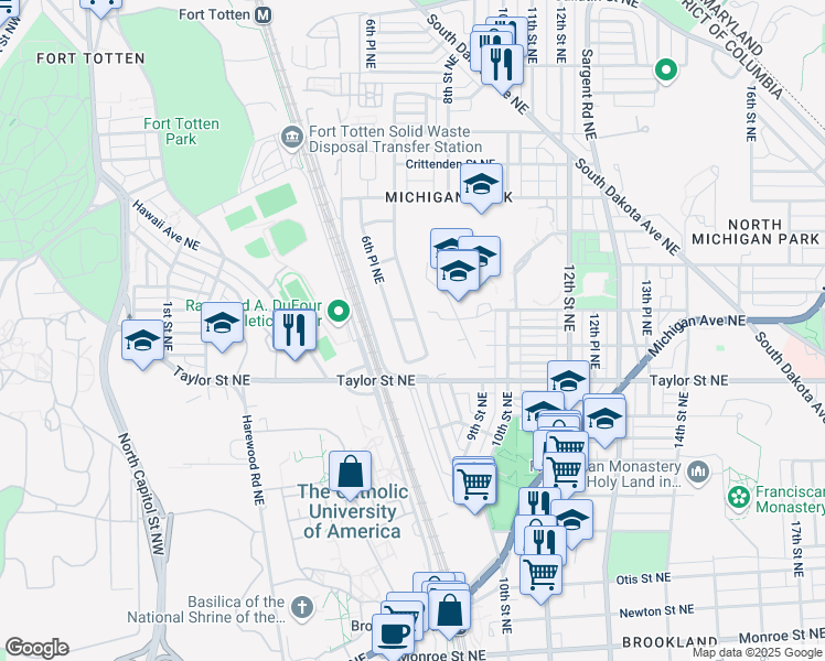 map of restaurants, bars, coffee shops, grocery stores, and more near 4371 Varnum Place Northeast in Washington