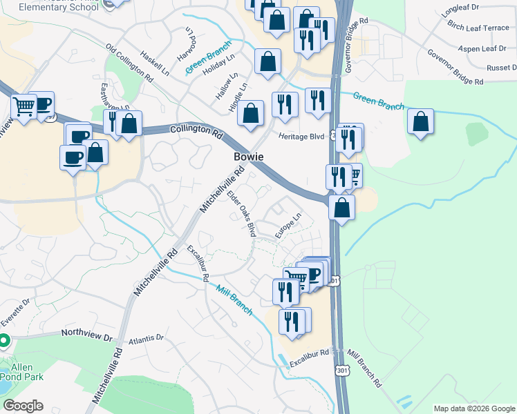 map of restaurants, bars, coffee shops, grocery stores, and more near 16414 Ellipse Terrace in Bowie