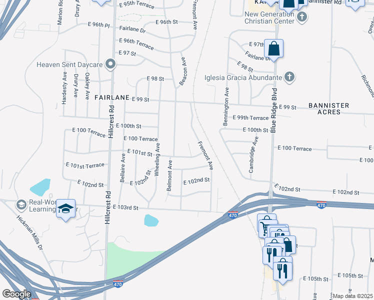 map of restaurants, bars, coffee shops, grocery stores, and more near 10007 Belmont Avenue in Kansas City