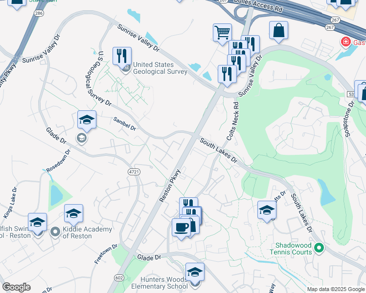 map of restaurants, bars, coffee shops, grocery stores, and more near 2221 Southgate Square in Reston