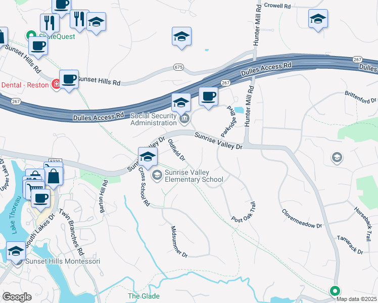 map of restaurants, bars, coffee shops, grocery stores, and more near 10804 Oldfield Drive in Reston