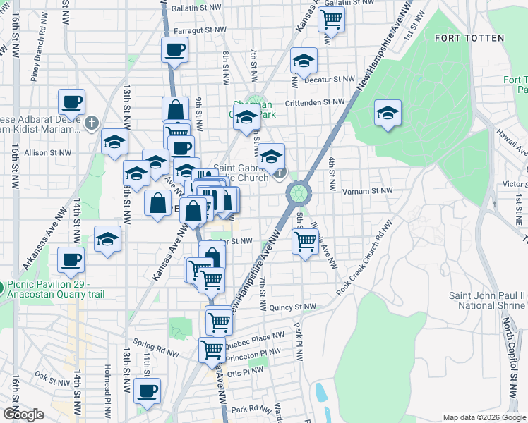 map of restaurants, bars, coffee shops, grocery stores, and more near 4207 7th Street Northwest in Washington