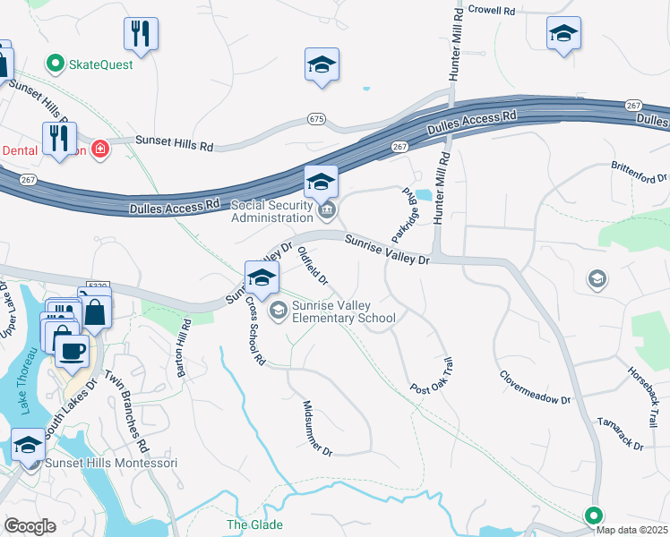 map of restaurants, bars, coffee shops, grocery stores, and more near 10804 Oldfield Drive in Reston