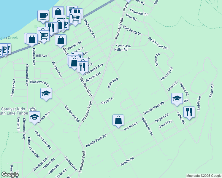 map of restaurants, bars, coffee shops, grocery stores, and more near 3720 Ruby Way in South Lake Tahoe