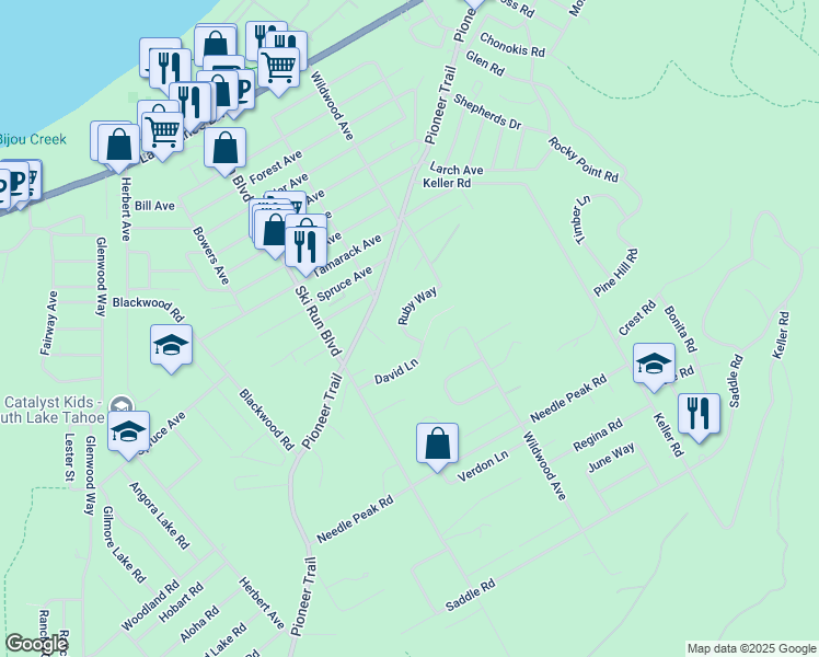map of restaurants, bars, coffee shops, grocery stores, and more near 3764 Ruby Way in South Lake Tahoe