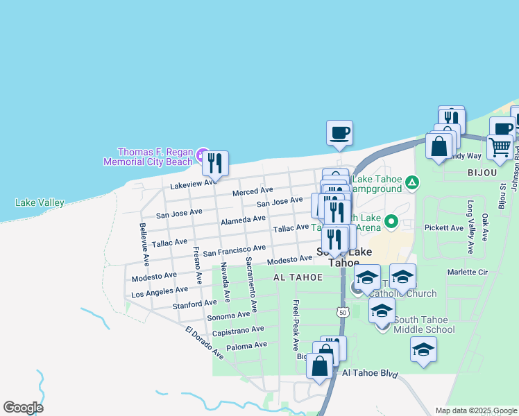 map of restaurants, bars, coffee shops, grocery stores, and more near 896 Merced Avenue in South Lake Tahoe