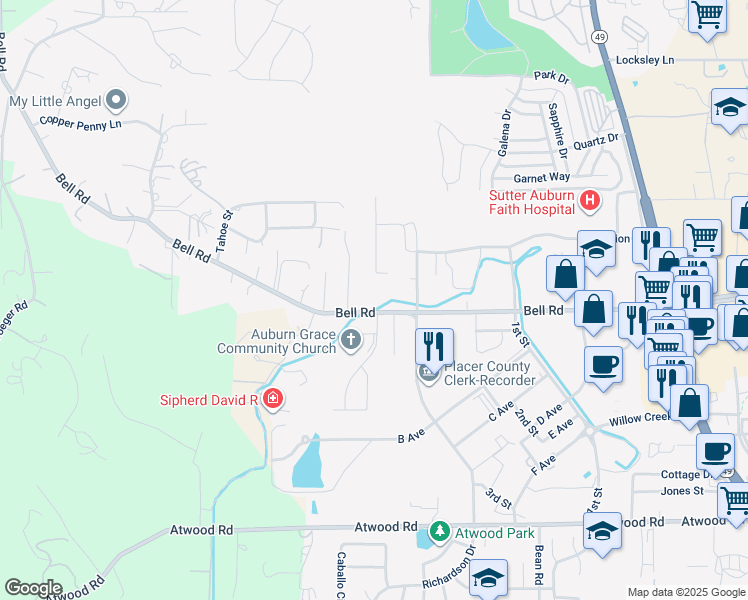 map of restaurants, bars, coffee shops, grocery stores, and more near 3400 Bell Road in Auburn