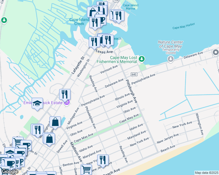 map of restaurants, bars, coffee shops, grocery stores, and more near 1260 Delaware Avenue in Cape May