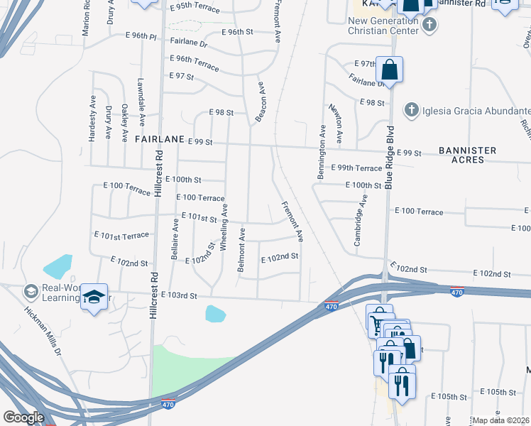 map of restaurants, bars, coffee shops, grocery stores, and more near 10007 Belmont Avenue in Kansas City