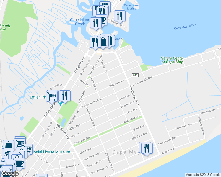 map of restaurants, bars, coffee shops, grocery stores, and more near 1260 Delaware Avenue in Cape May