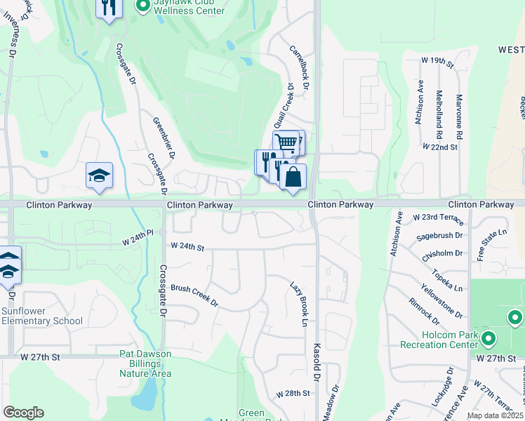 map of restaurants, bars, coffee shops, grocery stores, and more near 3601 Clinton Parkway in Lawrence