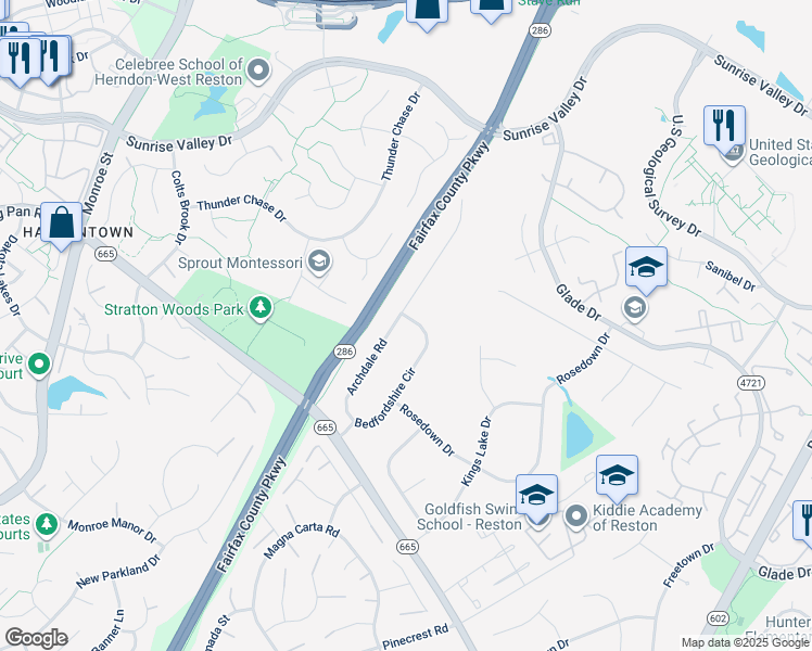 map of restaurants, bars, coffee shops, grocery stores, and more near 2322 Bedfordshire Circle in Reston