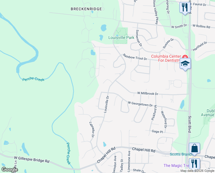 map of restaurants, bars, coffee shops, grocery stores, and more near 1443 Louisville Drive in Columbia