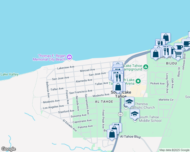 map of restaurants, bars, coffee shops, grocery stores, and more near 900 San Jose Avenue in South Lake Tahoe
