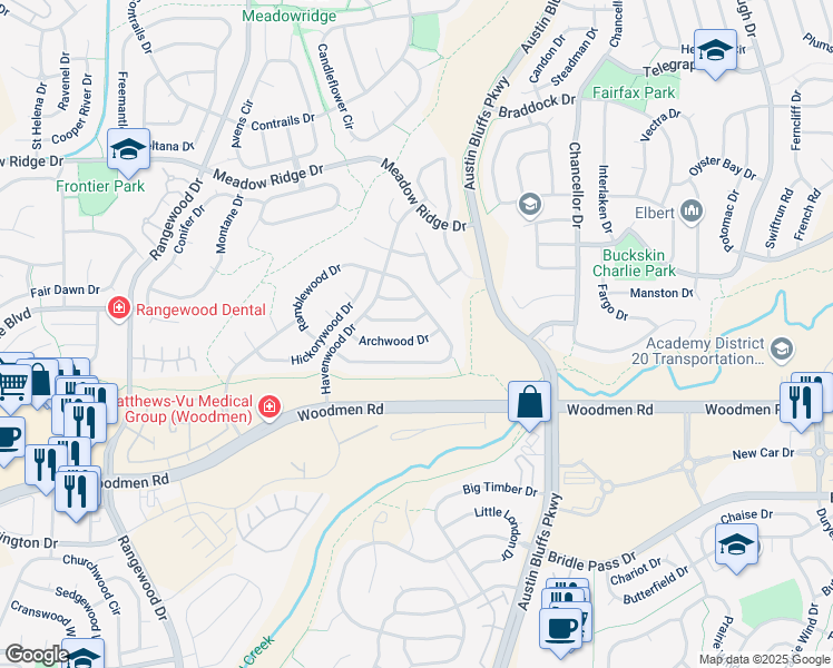 map of restaurants, bars, coffee shops, grocery stores, and more near 4430 Archwood Drive in Colorado Springs