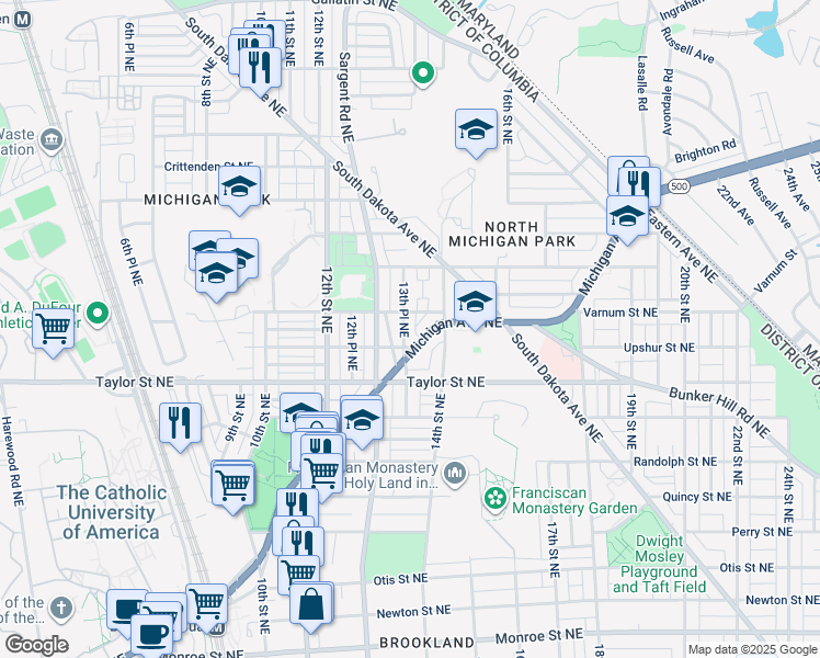 map of restaurants, bars, coffee shops, grocery stores, and more near 4309 13th Place Northeast in Washington
