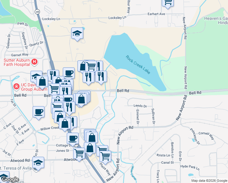 map of restaurants, bars, coffee shops, grocery stores, and more near 2400 Bell Road in Auburn