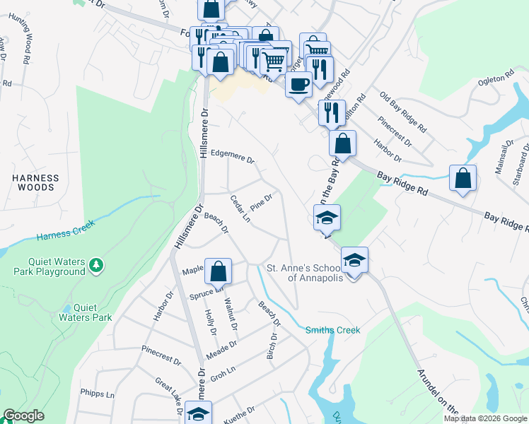 map of restaurants, bars, coffee shops, grocery stores, and more near 109-199 Pine Drive in Annapolis