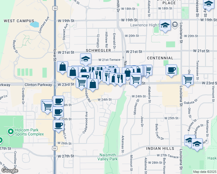 map of restaurants, bars, coffee shops, grocery stores, and more near 1516 West 23rd Street in Lawrence