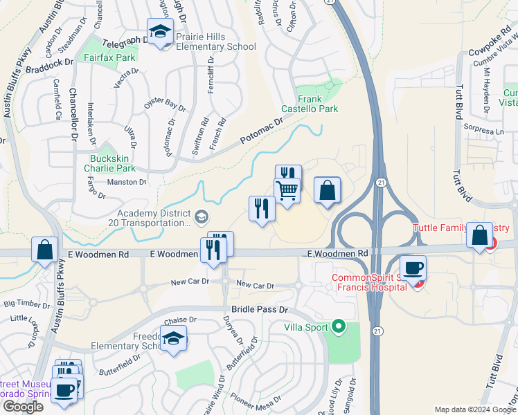 map of restaurants, bars, coffee shops, grocery stores, and more near 7710 Durant Drive in Colorado Springs
