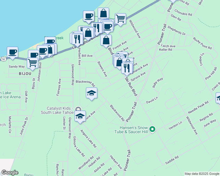 map of restaurants, bars, coffee shops, grocery stores, and more near 3590 Tamarack Avenue in South Lake Tahoe
