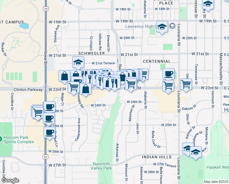 map of restaurants, bars, coffee shops, grocery stores, and more near 1412 West 23rd Street in Lawrence