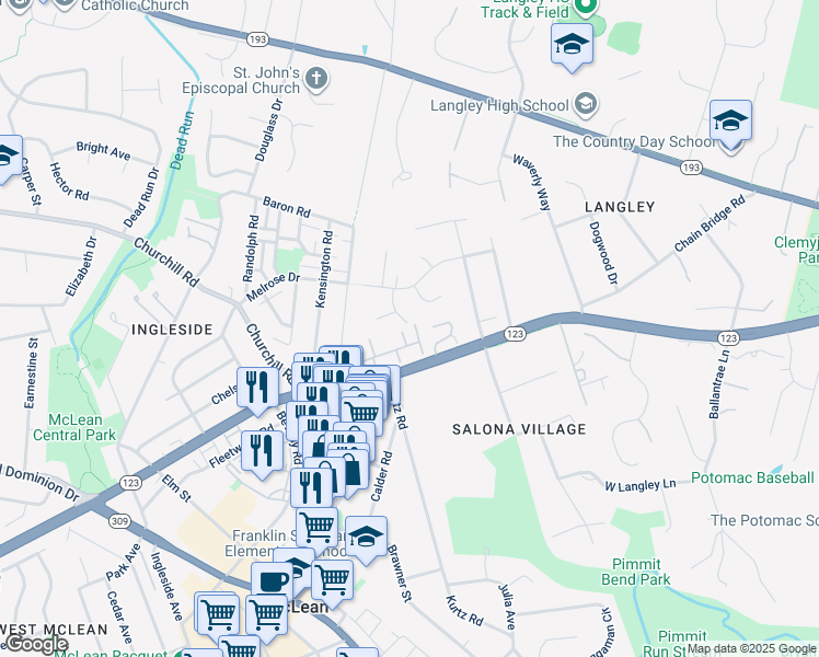 map of restaurants, bars, coffee shops, grocery stores, and more near 6621 Madison McLean Drive in McLean