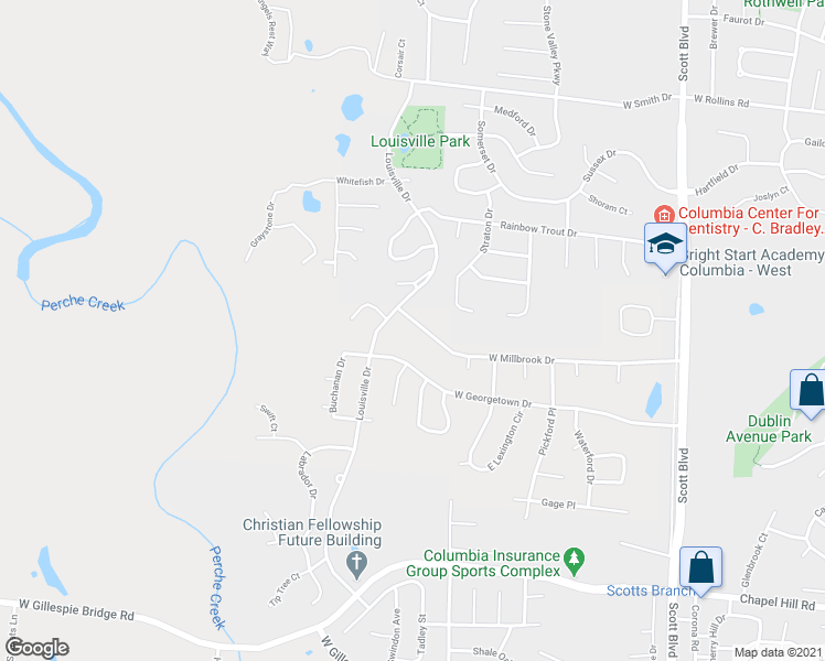 map of restaurants, bars, coffee shops, grocery stores, and more near 5016 West Millbrook Drive in Columbia