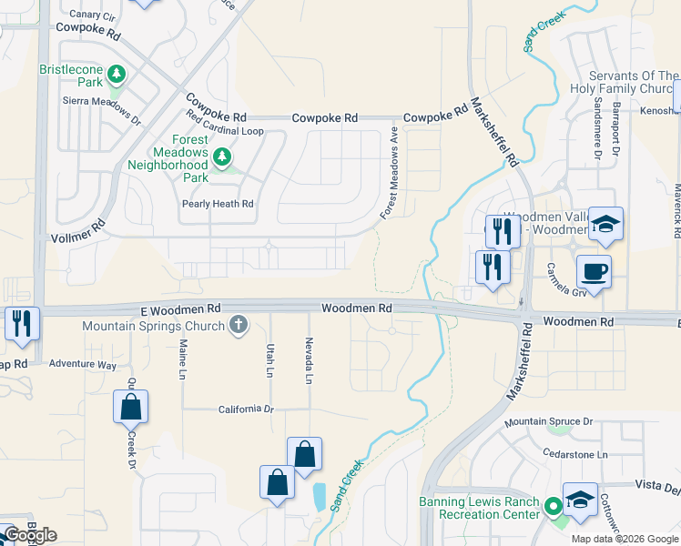 map of restaurants, bars, coffee shops, grocery stores, and more near 8336 Hardwood Circle in Colorado Springs