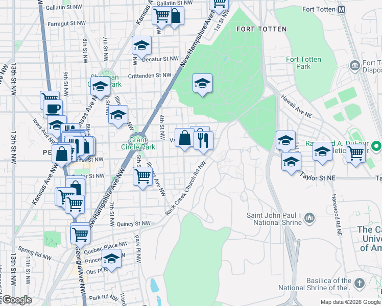 map of restaurants, bars, coffee shops, grocery stores, and more near 221 Upshur Street Northwest in Washington