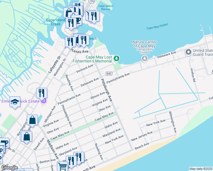map of restaurants, bars, coffee shops, grocery stores, and more near 1421 Pennsylvania Avenue in Cape May
