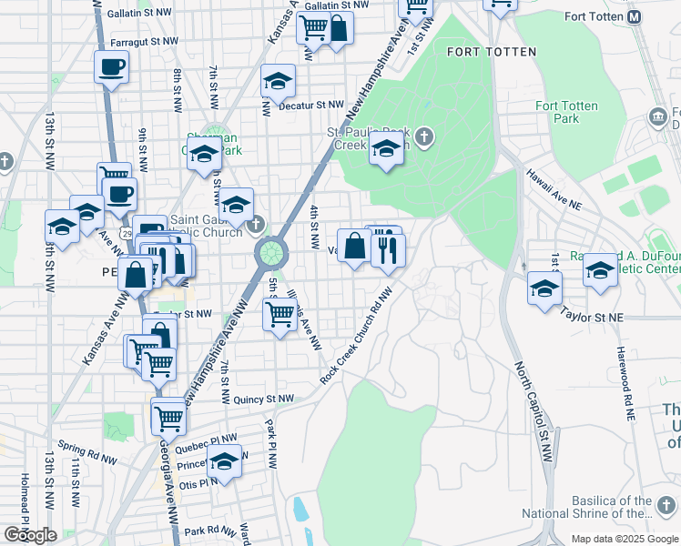 map of restaurants, bars, coffee shops, grocery stores, and more near 313 Upshur Street Northwest in Washington