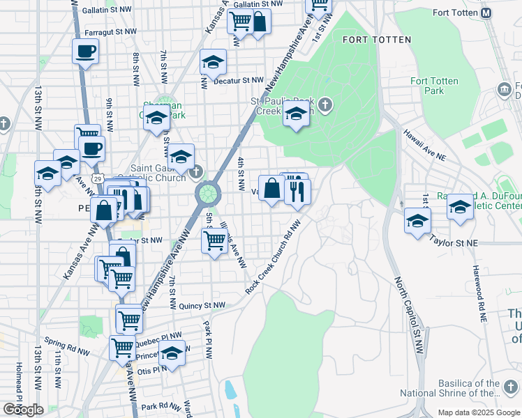 map of restaurants, bars, coffee shops, grocery stores, and more near 313 Upshur Street Northwest in Washington