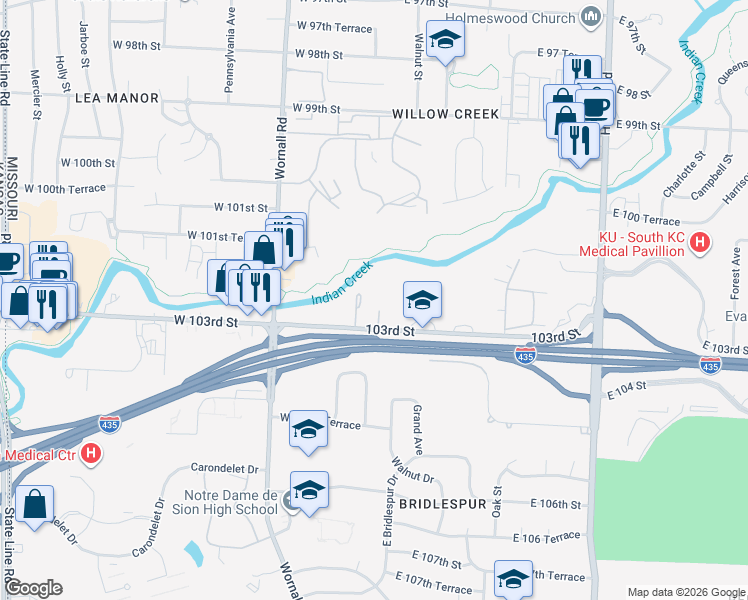 map of restaurants, bars, coffee shops, grocery stores, and more near 10133 Wyandotte Street in Kansas City