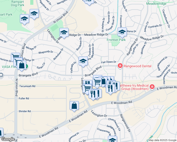 map of restaurants, bars, coffee shops, grocery stores, and more near 7625 Clover Hill Drive in Colorado Springs