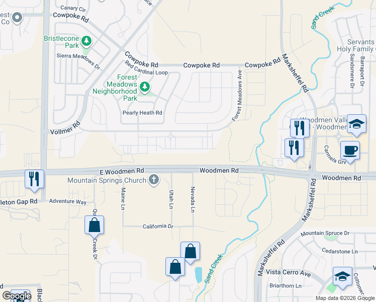 map of restaurants, bars, coffee shops, grocery stores, and more near Forrest Meadows Avenue in Colorado Springs