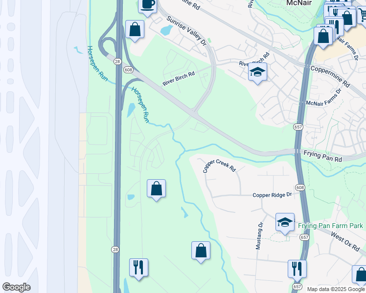 map of restaurants, bars, coffee shops, grocery stores, and more near 13713 Frying Pan Road in Herndon