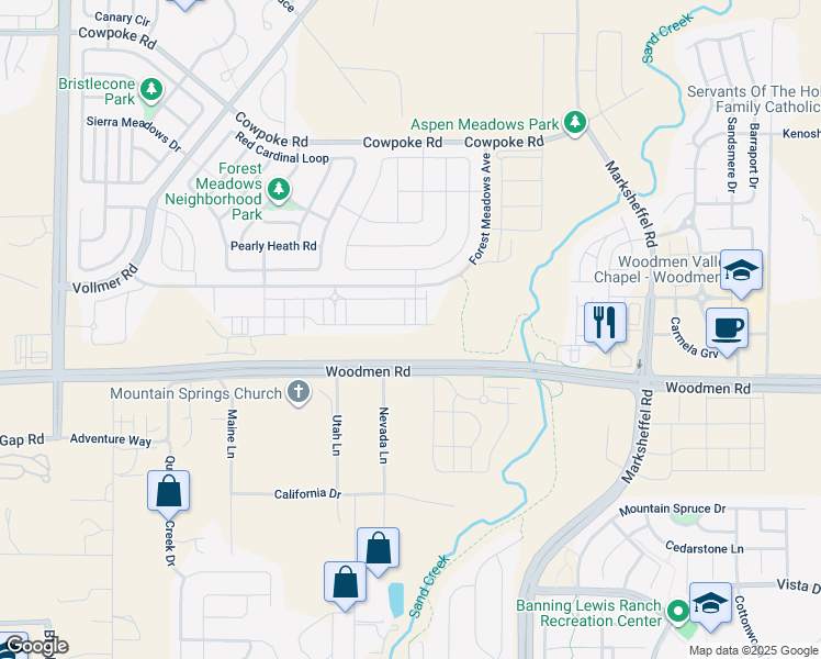 map of restaurants, bars, coffee shops, grocery stores, and more near Forrest Meadows Avenue in Colorado Springs