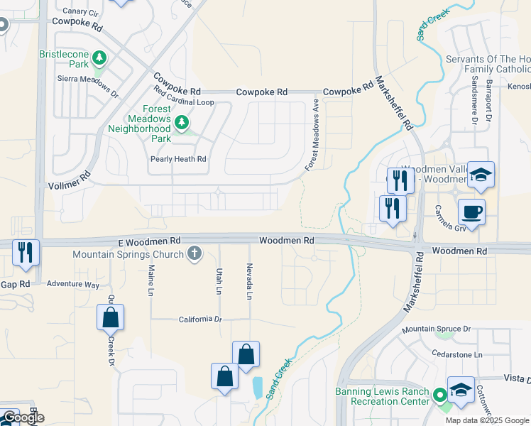 map of restaurants, bars, coffee shops, grocery stores, and more near Forrest Meadows Avenue in Colorado Springs