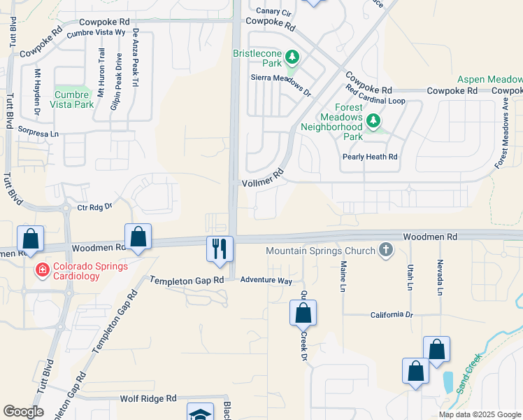map of restaurants, bars, coffee shops, grocery stores, and more near 7540 Copper Range Heights in Colorado Springs