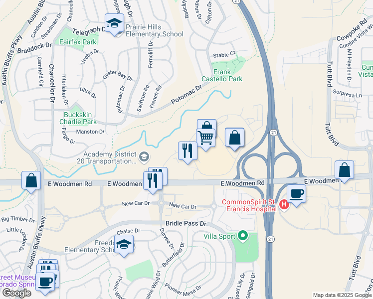 map of restaurants, bars, coffee shops, grocery stores, and more near 7650 Duryea Drive in Colorado Springs