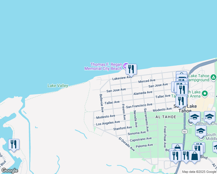 map of restaurants, bars, coffee shops, grocery stores, and more near 756 Lakeview Avenue in South Lake Tahoe