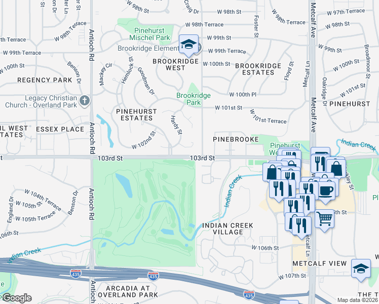 map of restaurants, bars, coffee shops, grocery stores, and more near 3910 West 102nd Terrace in Overland Park