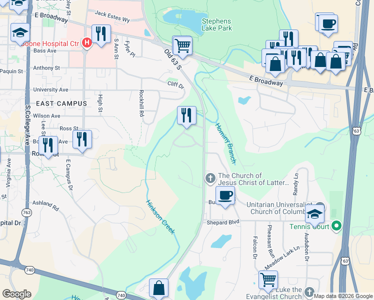 map of restaurants, bars, coffee shops, grocery stores, and more near 2102 Woodlea Drive in Columbia