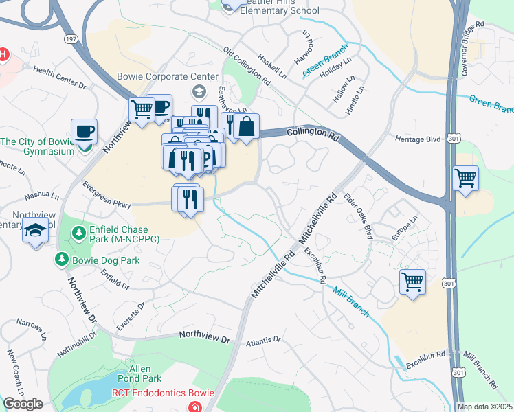 map of restaurants, bars, coffee shops, grocery stores, and more near 15901 Excalibur Road in Bowie