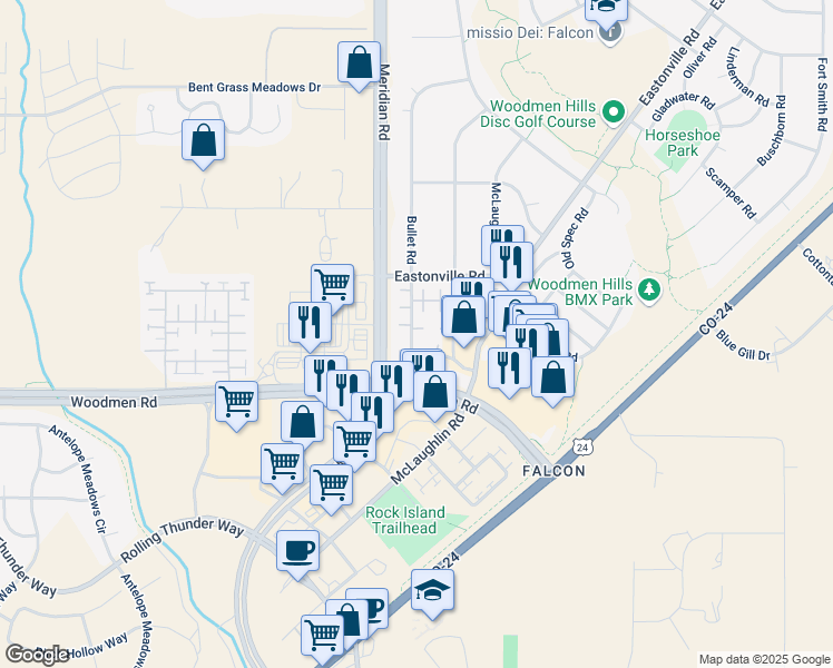 map of restaurants, bars, coffee shops, grocery stores, and more near 11819 Asplund Grove in Peyton